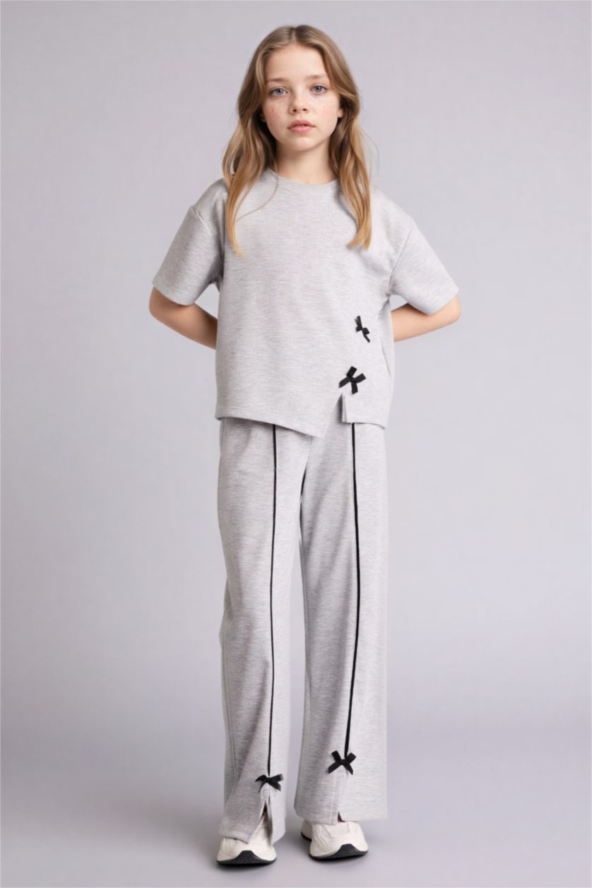 بناتي ميلانج رمادي فاتح طقم بناتي قصة عادية - قطعتين