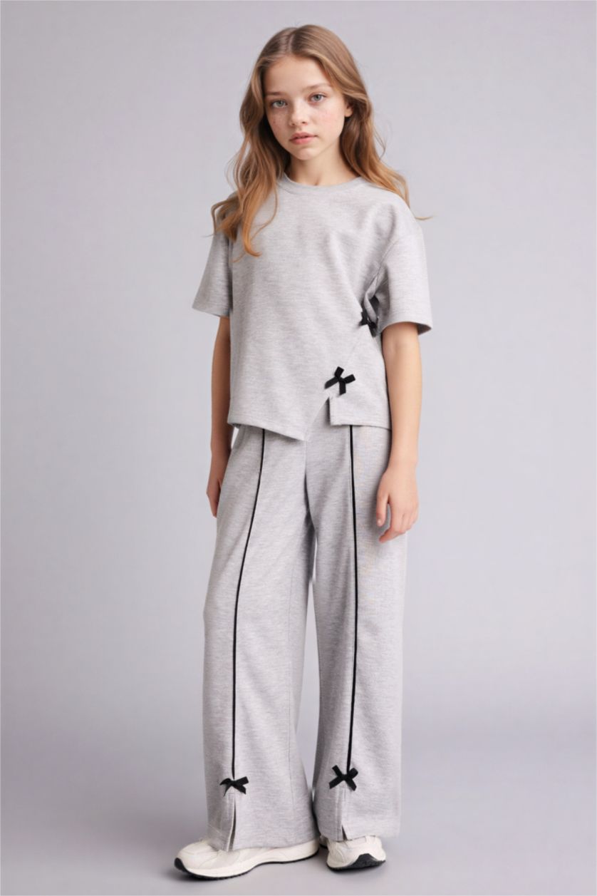 بناتي ميلانج رمادي فاتح طقم بناتي قصة عادية - قطعتين