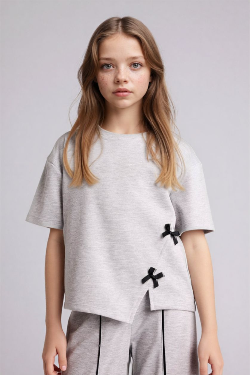 بناتي ميلانج رمادي فاتح طقم بناتي قصة عادية - قطعتين