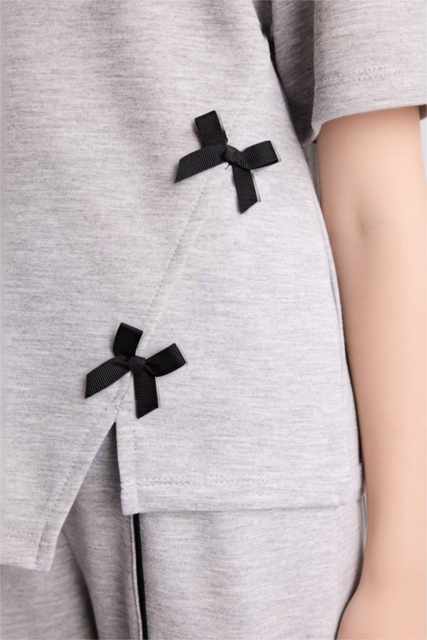 بناتي ميلانج رمادي فاتح طقم بناتي قصة عادية - قطعتين