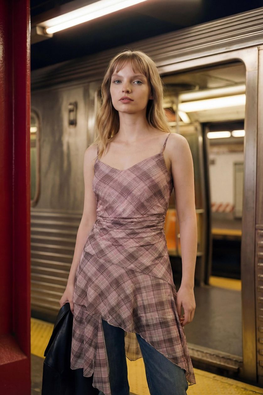 WOMAN Pink V-Neck Plaid Tulle Midi Dress