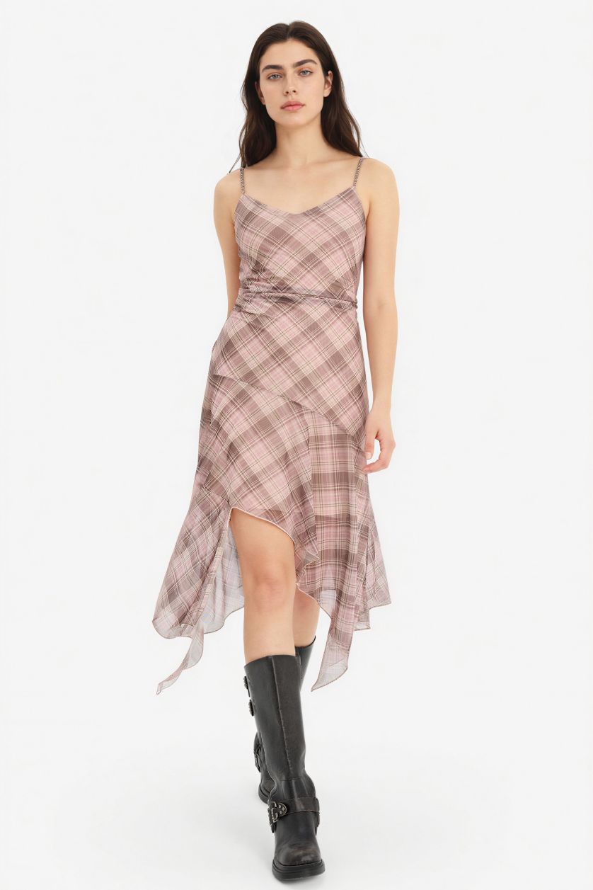 WOMAN Pink V-Neck Plaid Tulle Midi Dress