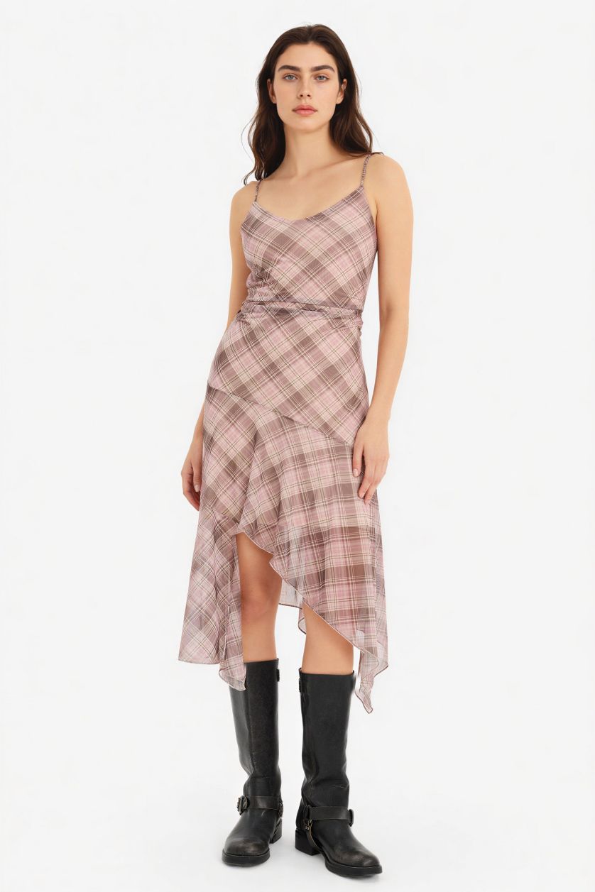 WOMAN Pink V-Neck Plaid Tulle Midi Dress