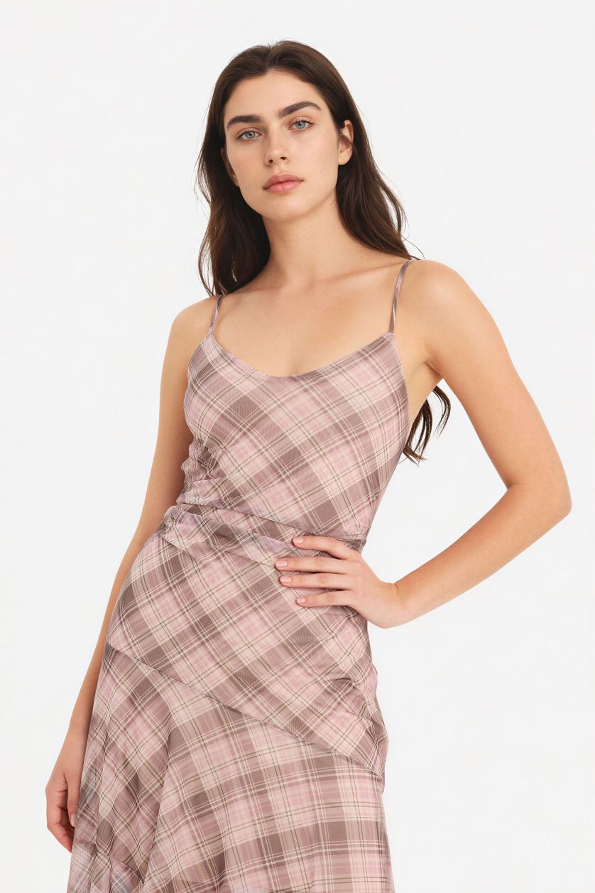 WOMAN Pink V-Neck Plaid Tulle Midi Dress
