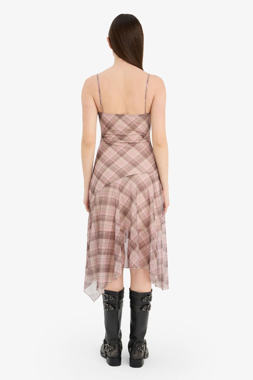 WOMAN Pink V-Neck Plaid Tulle Midi Dress