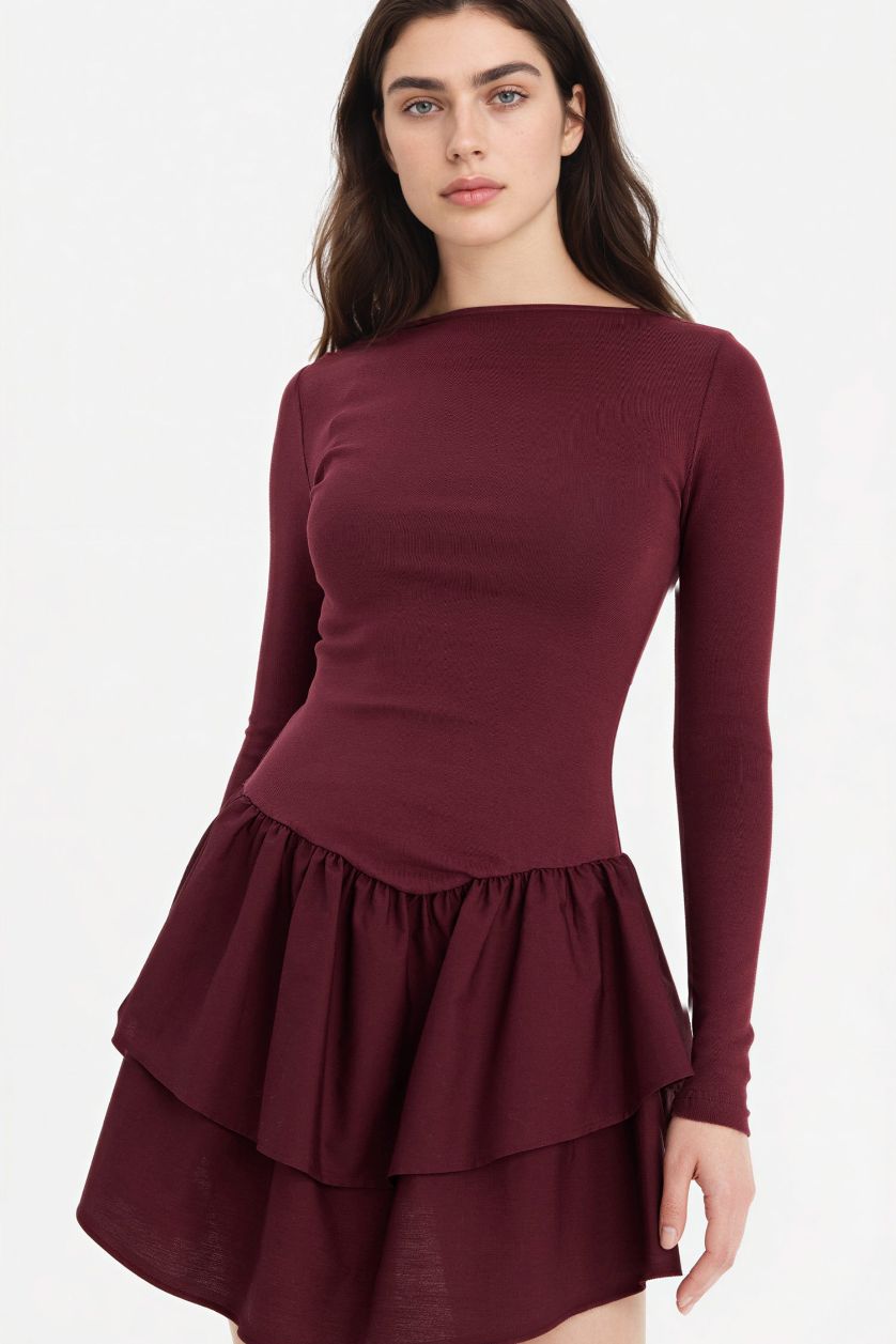 Kadın Bordo Balloon Fıt Ribana Mini Elbise