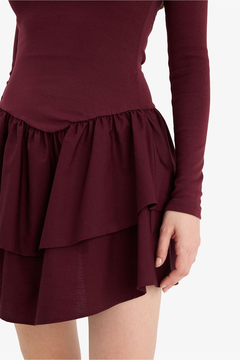 Kadın Bordo Balloon Fıt Ribana Mini Elbise