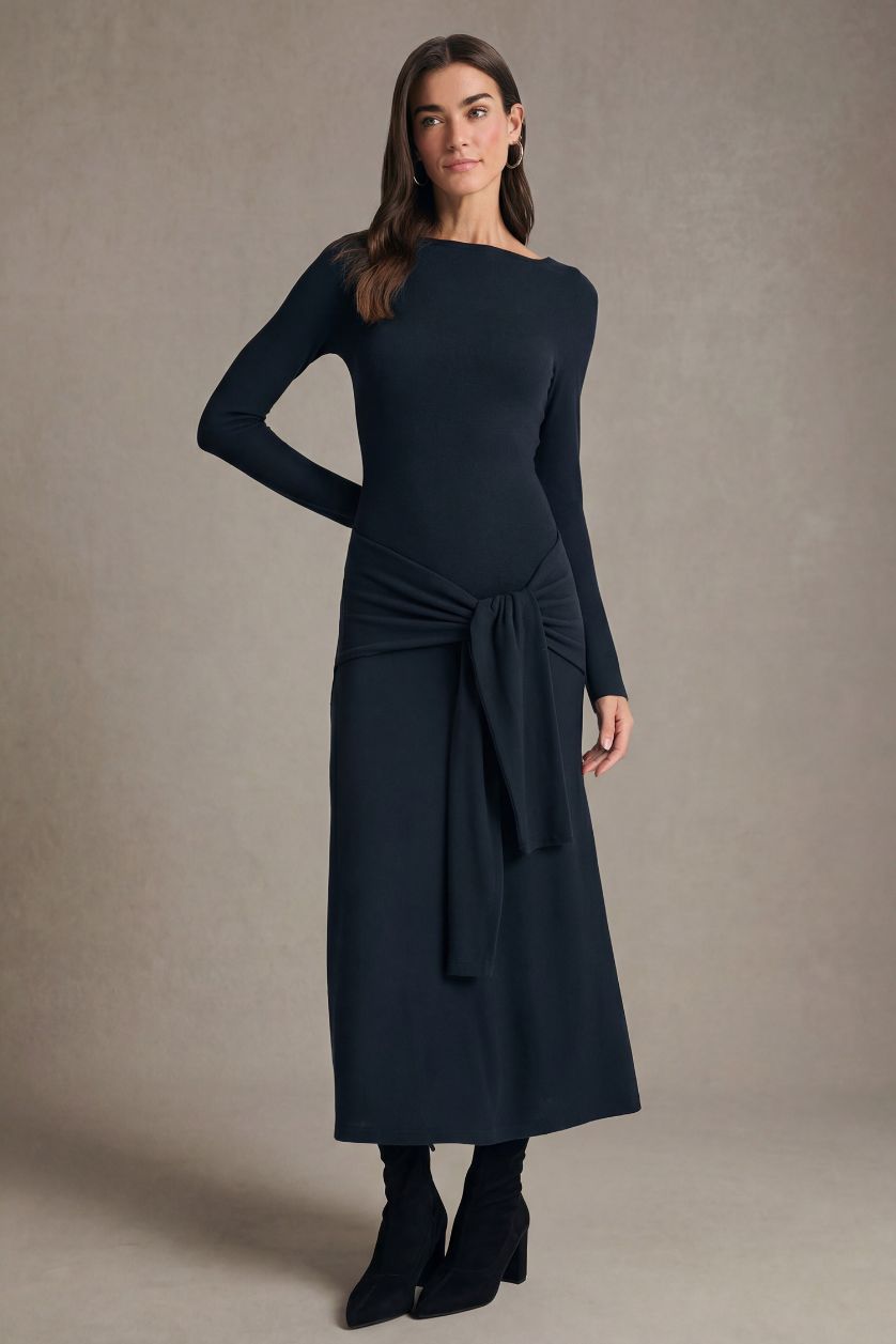 WOMAN NAVY Bodycon Crew Neck Midi Dress
