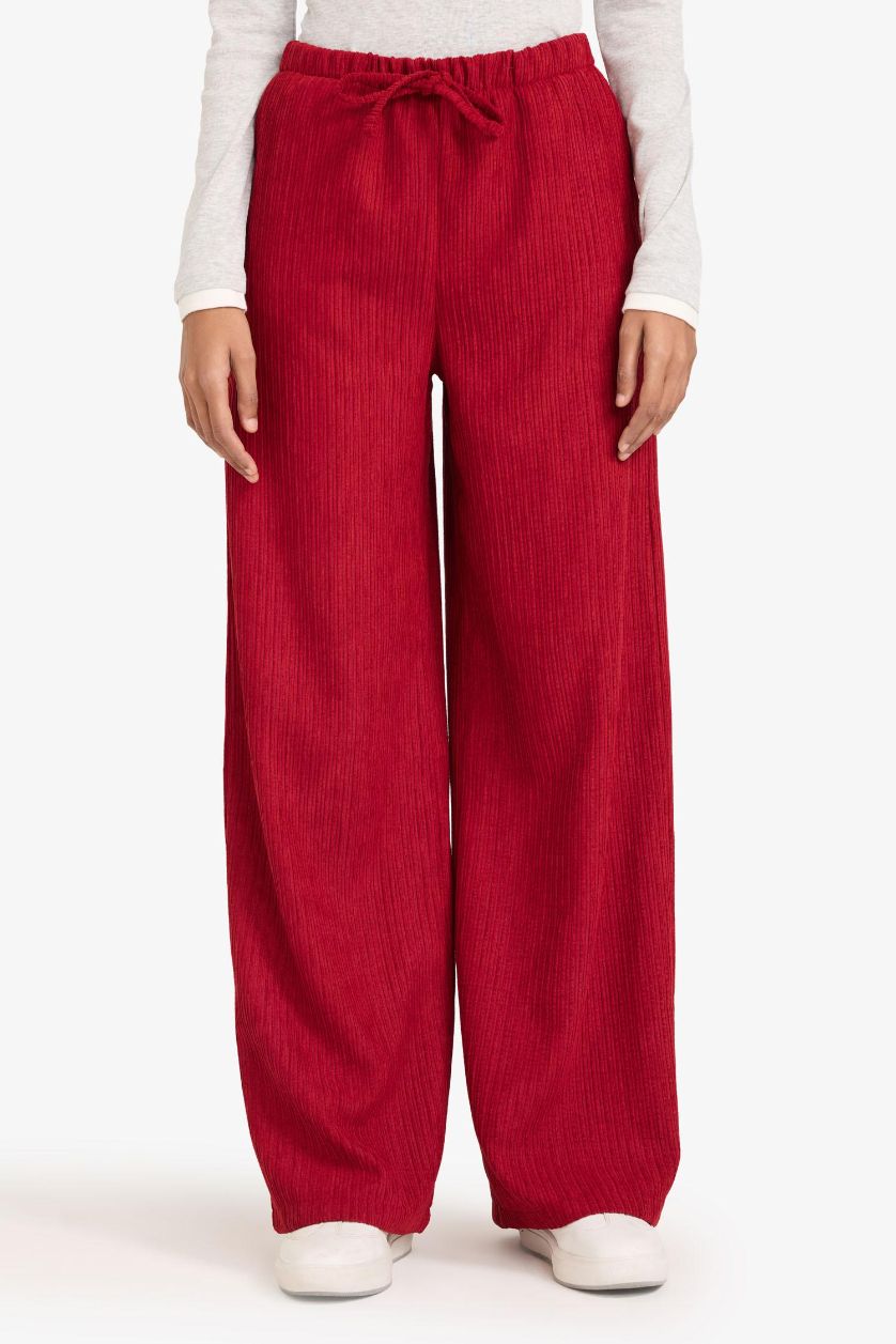 Kadın Bordo Wıde Leg Çift Cepli Standart Boy Kadife Pantolon