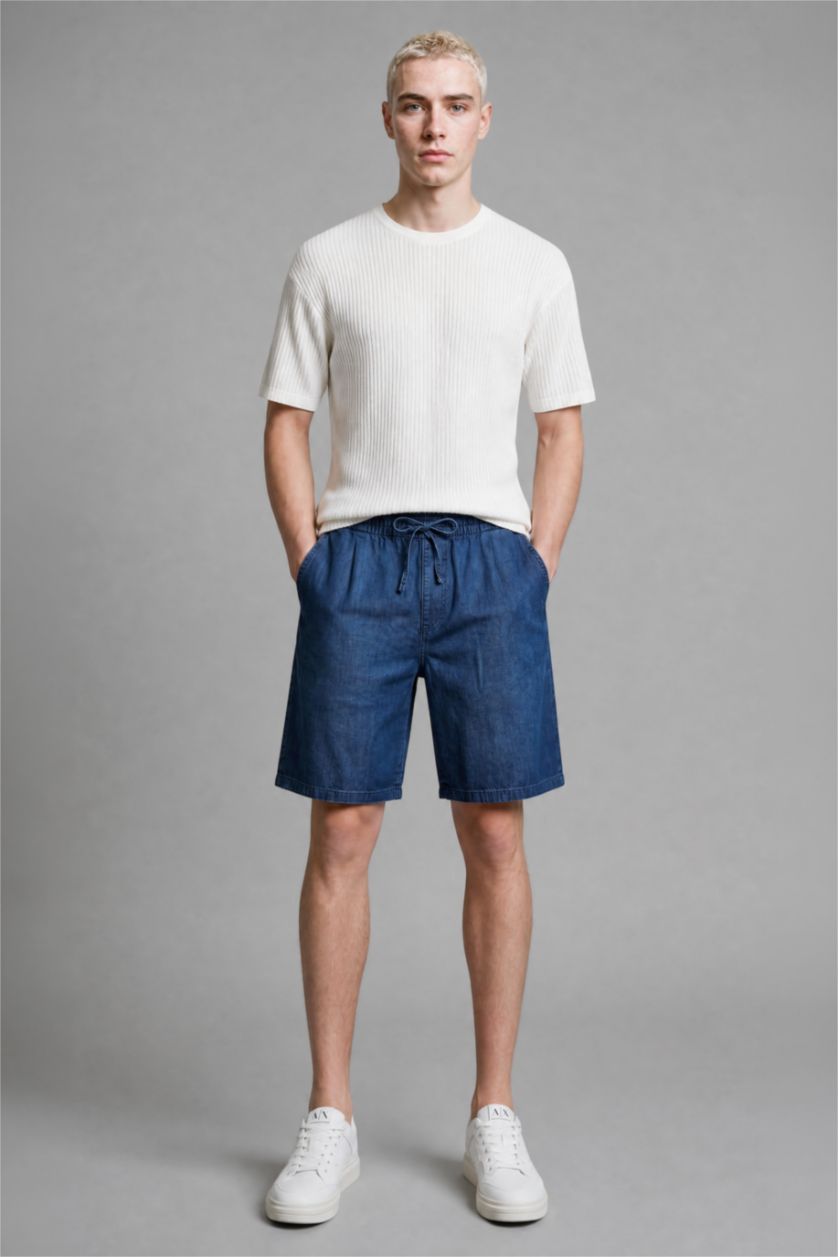 رجال أزرق غامق Soft Textured Baggy Fit Denim Bermuda Shorts