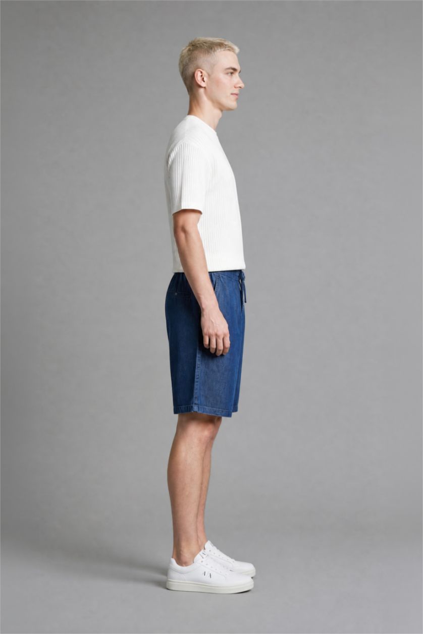 رجال أزرق غامق Soft Textured Baggy Fit Denim Bermuda Shorts