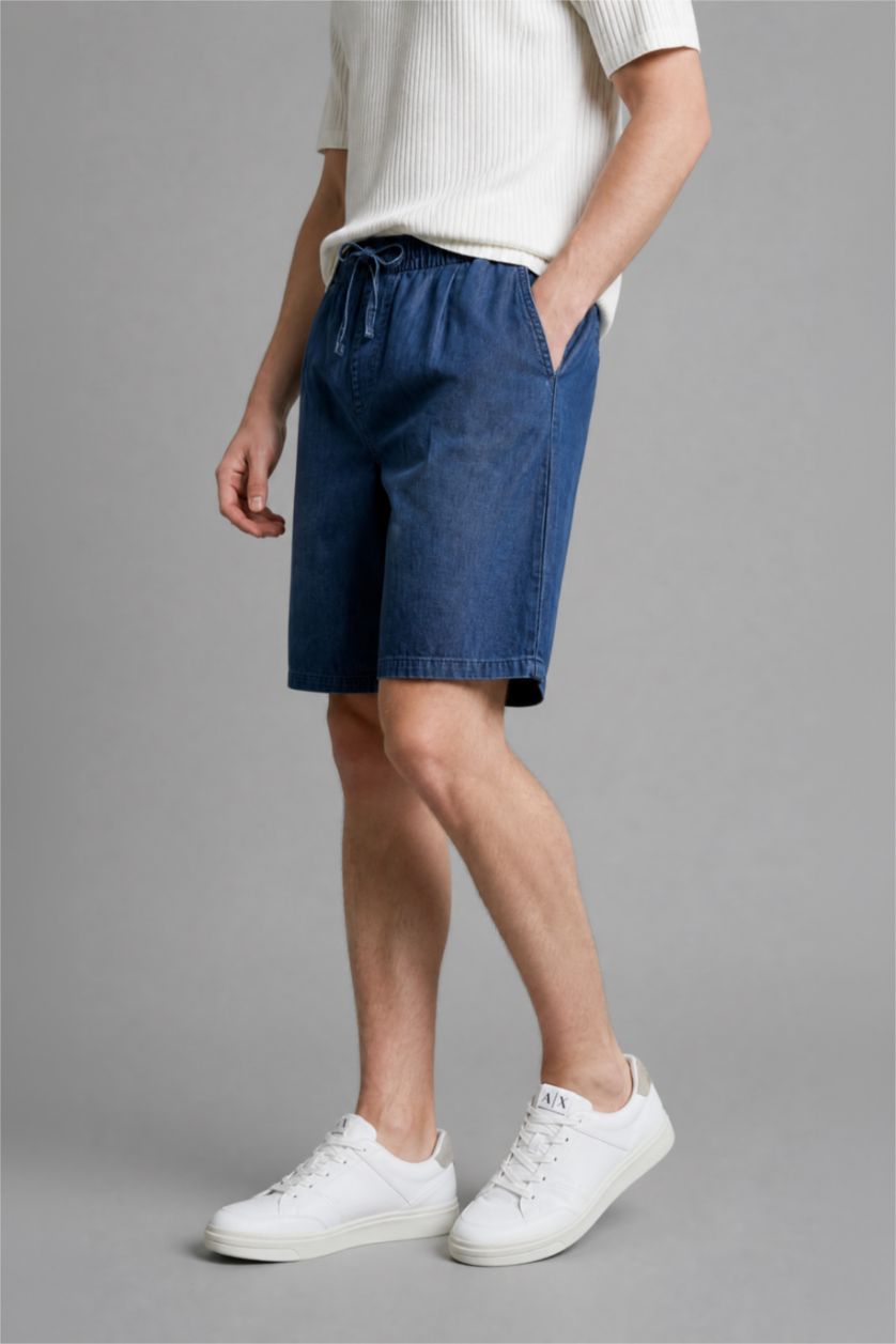 رجال أزرق غامق Soft Textured Baggy Fit Denim Bermuda Shorts