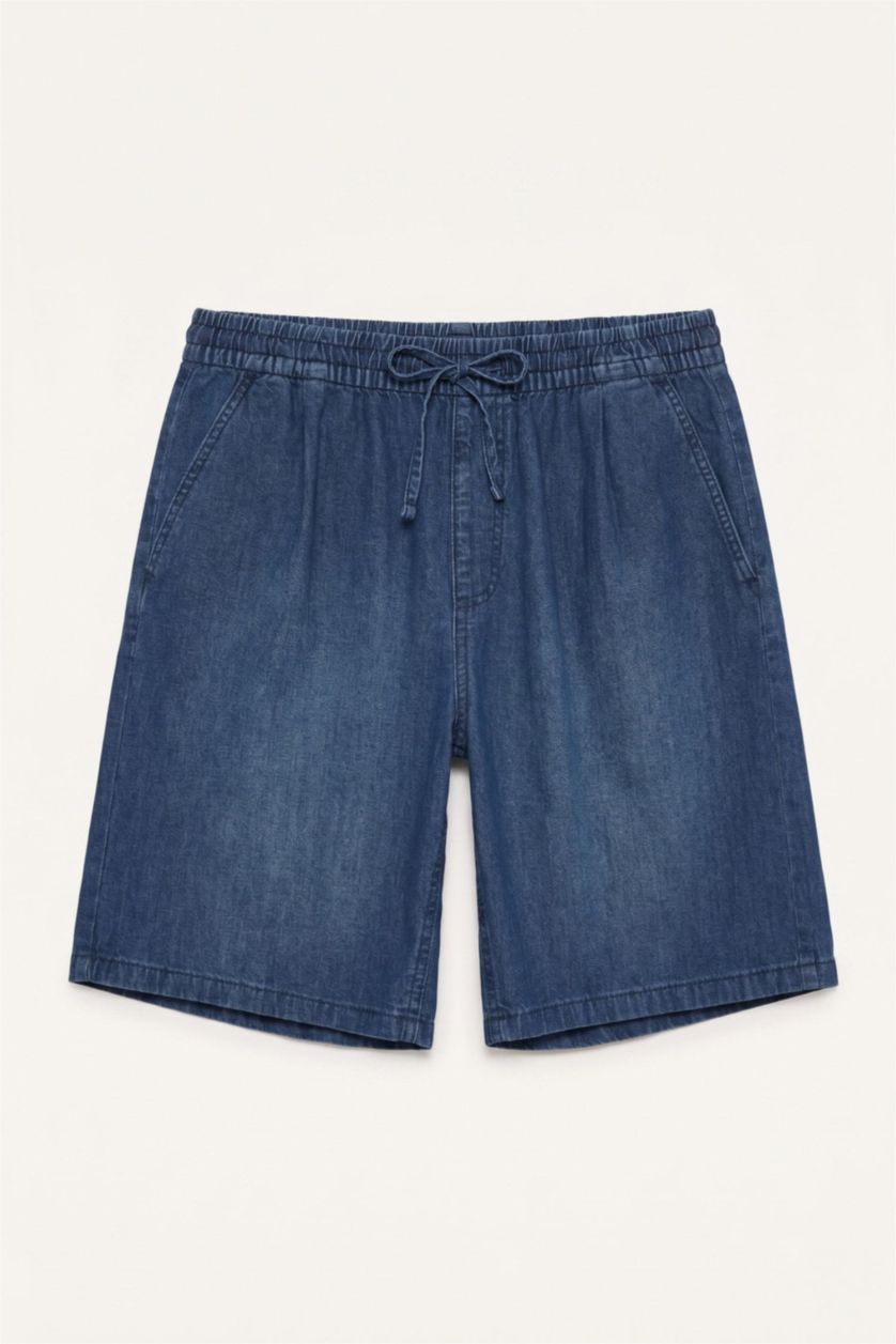 رجال أزرق غامق Soft Textured Baggy Fit Denim Bermuda Shorts