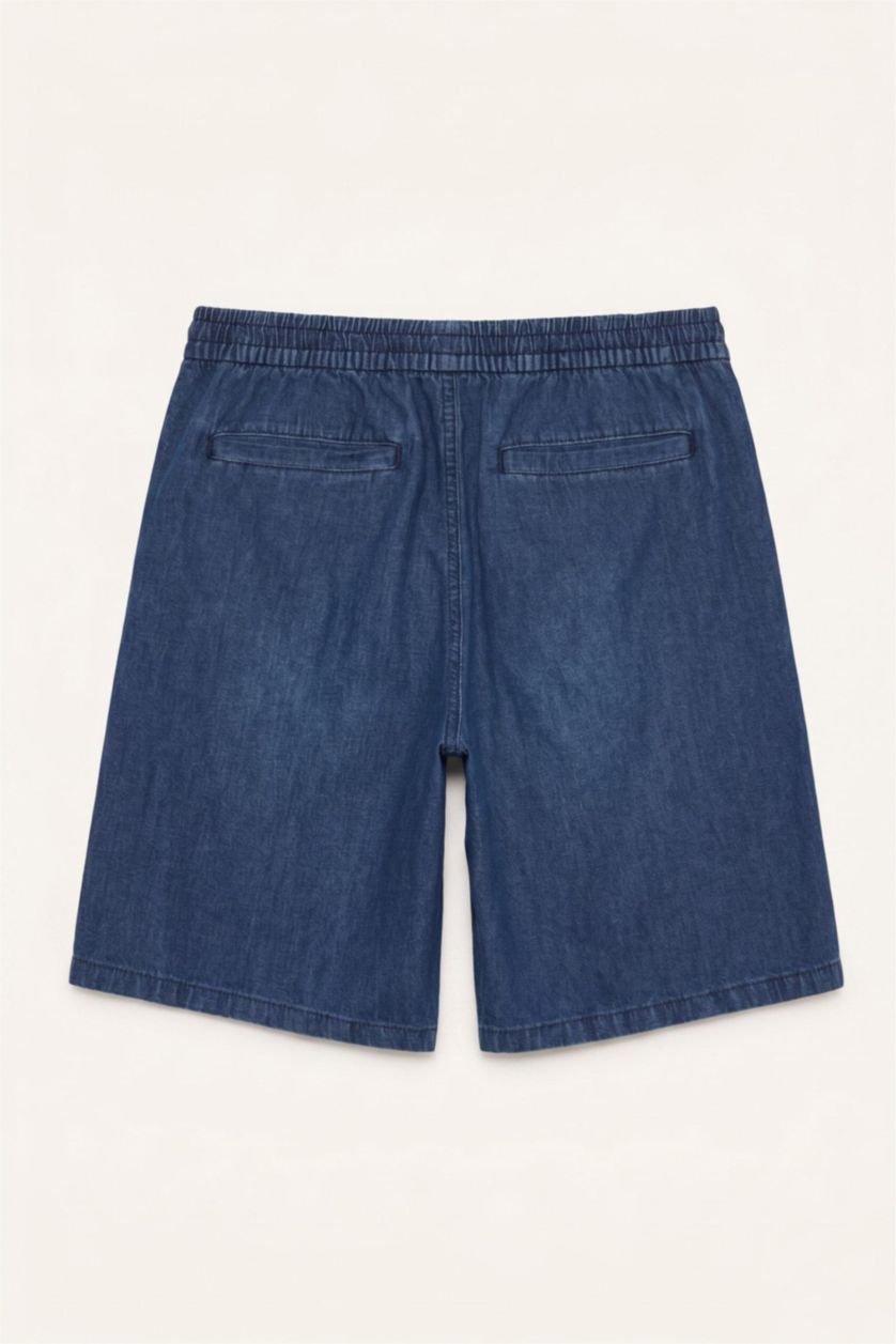 رجال أزرق غامق Soft Textured Baggy Fit Denim Bermuda Shorts