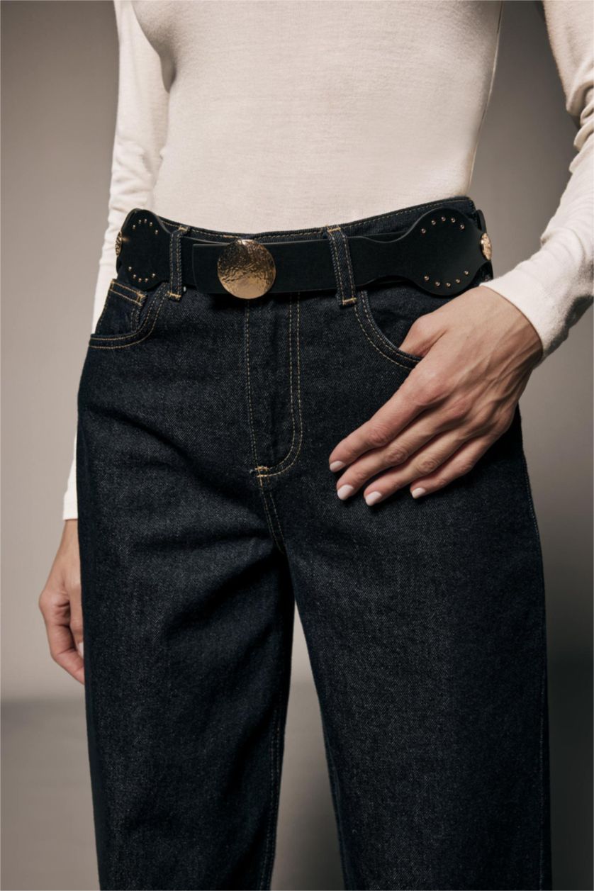 Kadın Siyah Kadın Oval Toka Suni Deri Elbise Kemeri