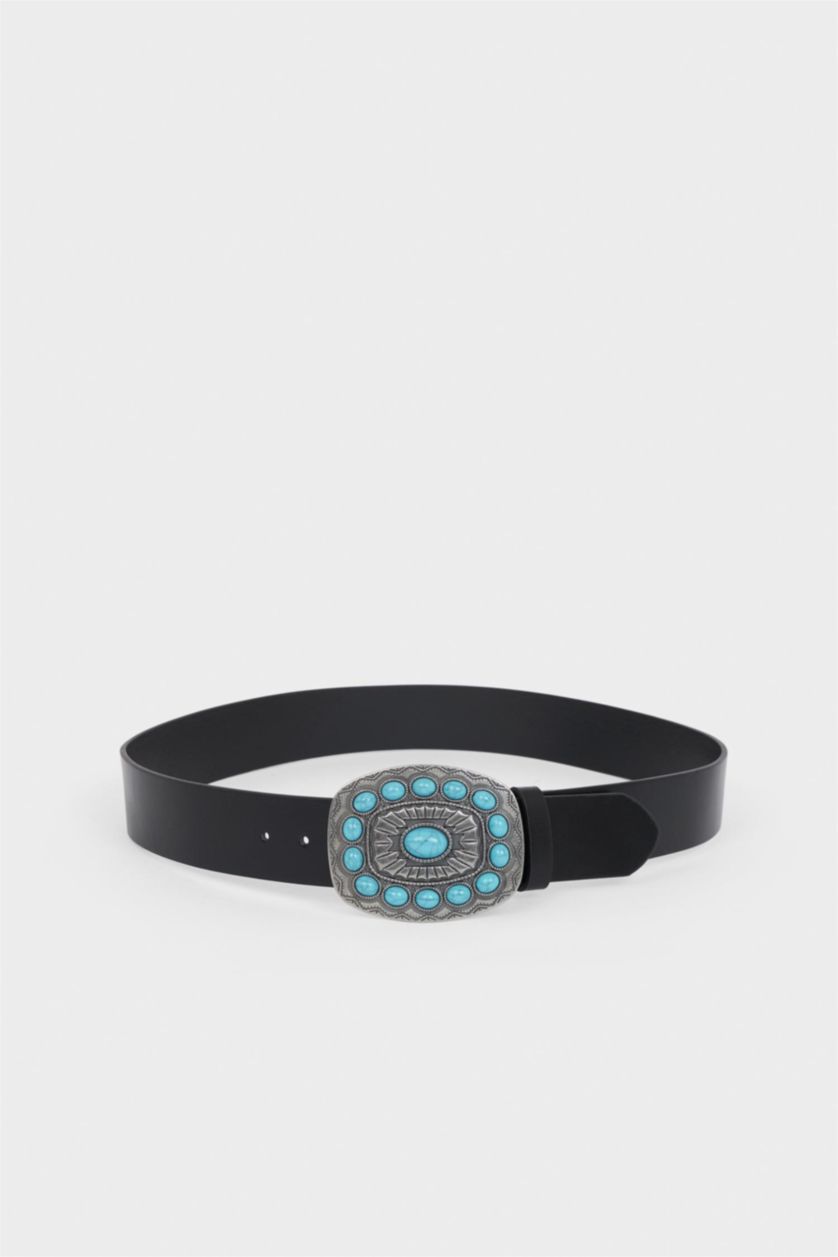 Women Black Woman Oval Buckle Faux Leather Classic Belt