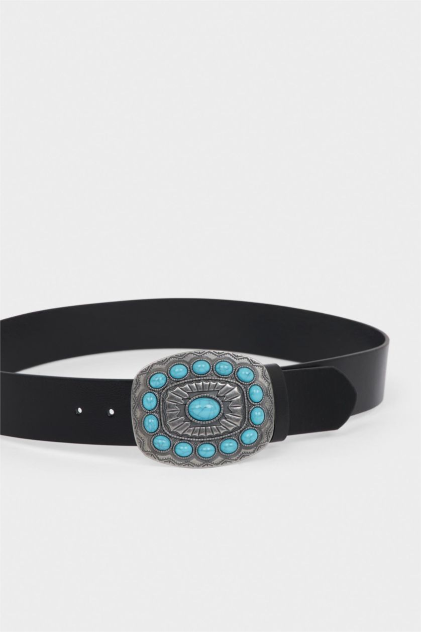 Women Black Woman Oval Buckle Faux Leather Classic Belt