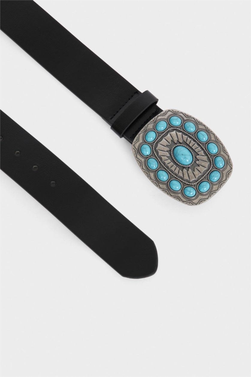 Women Black Woman Oval Buckle Faux Leather Classic Belt