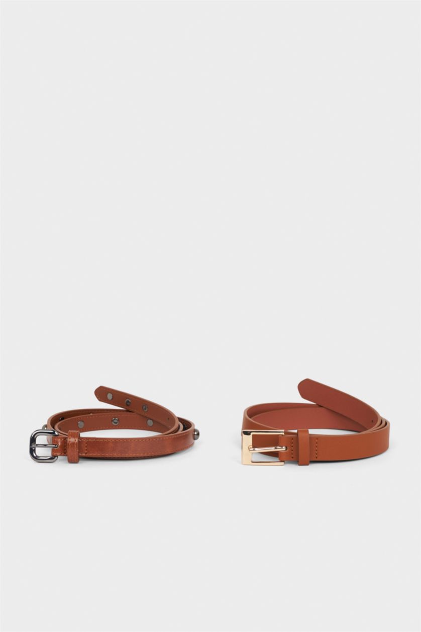 Kadın Karma Kadın Dikdörtgen Toka Suni Deri 2'li Günlük Kemer