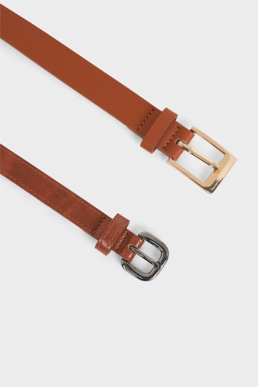 Kadın Karma Kadın Dikdörtgen Toka Suni Deri 2'li Günlük Kemer