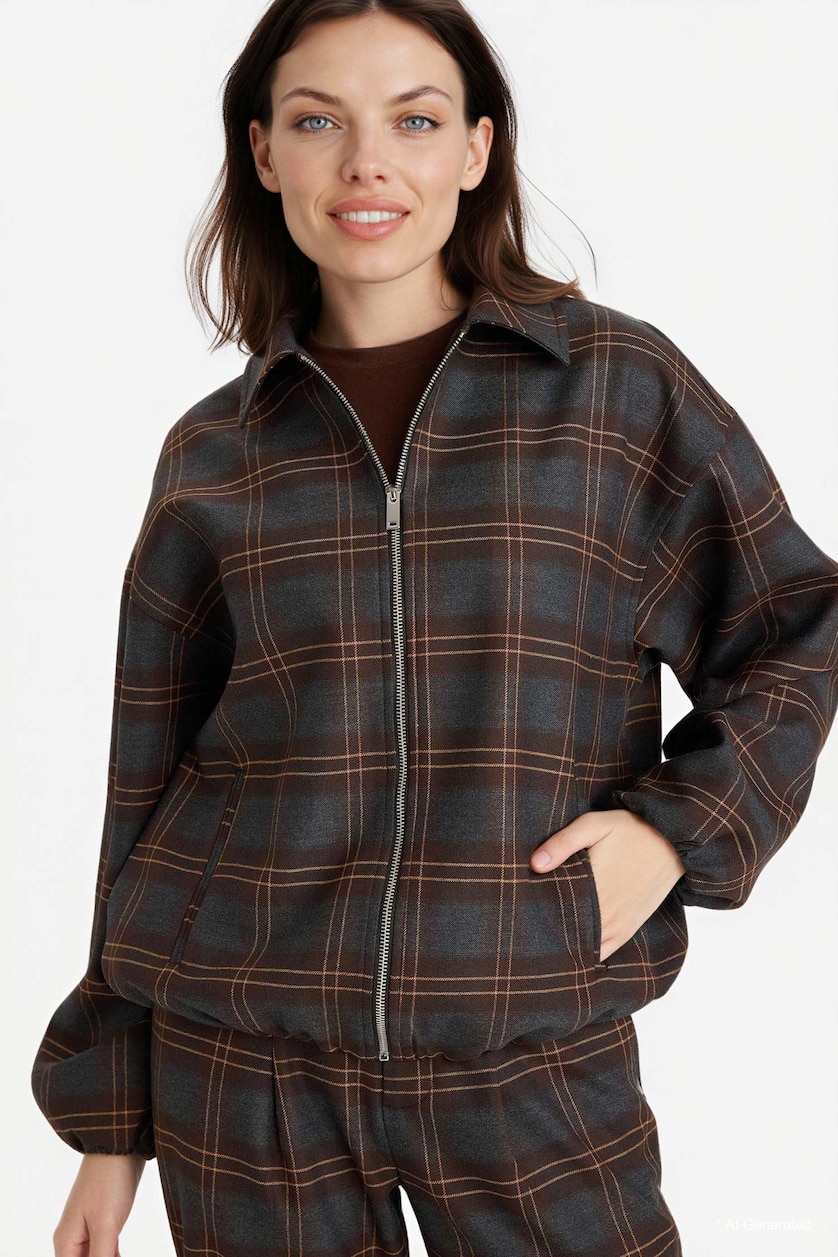 Women Brown Plaid Polo Collar Zip-Up Jacket