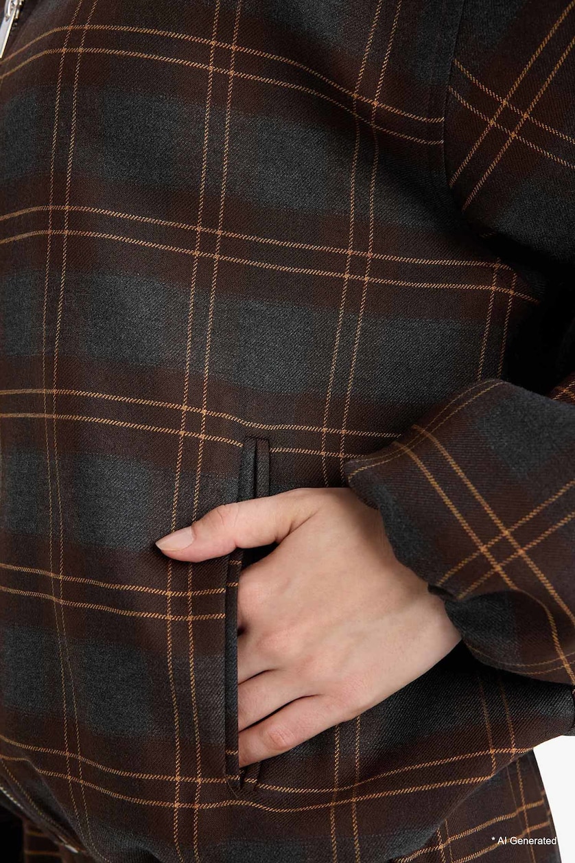 Women Brown Plaid Polo Collar Zip-Up Jacket