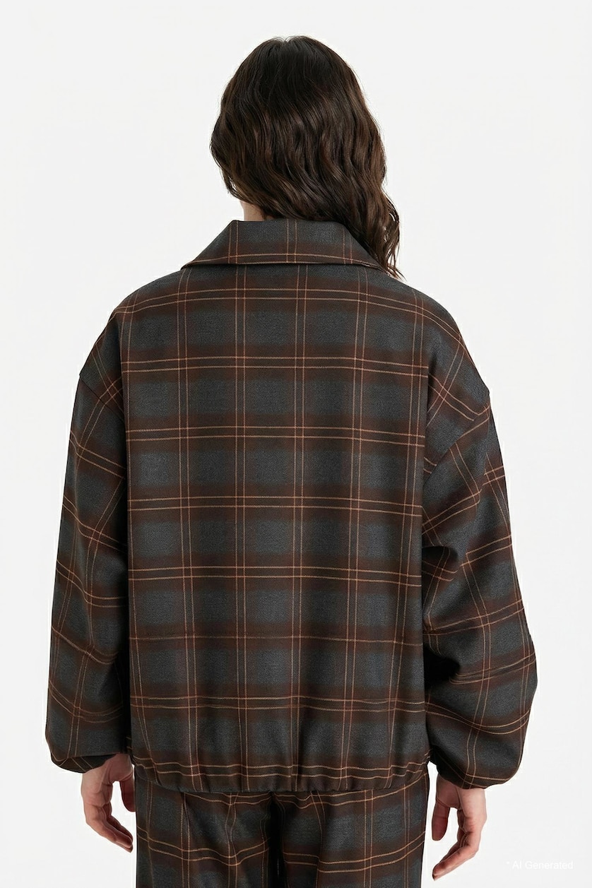 Women Brown Plaid Polo Collar Zip-Up Jacket