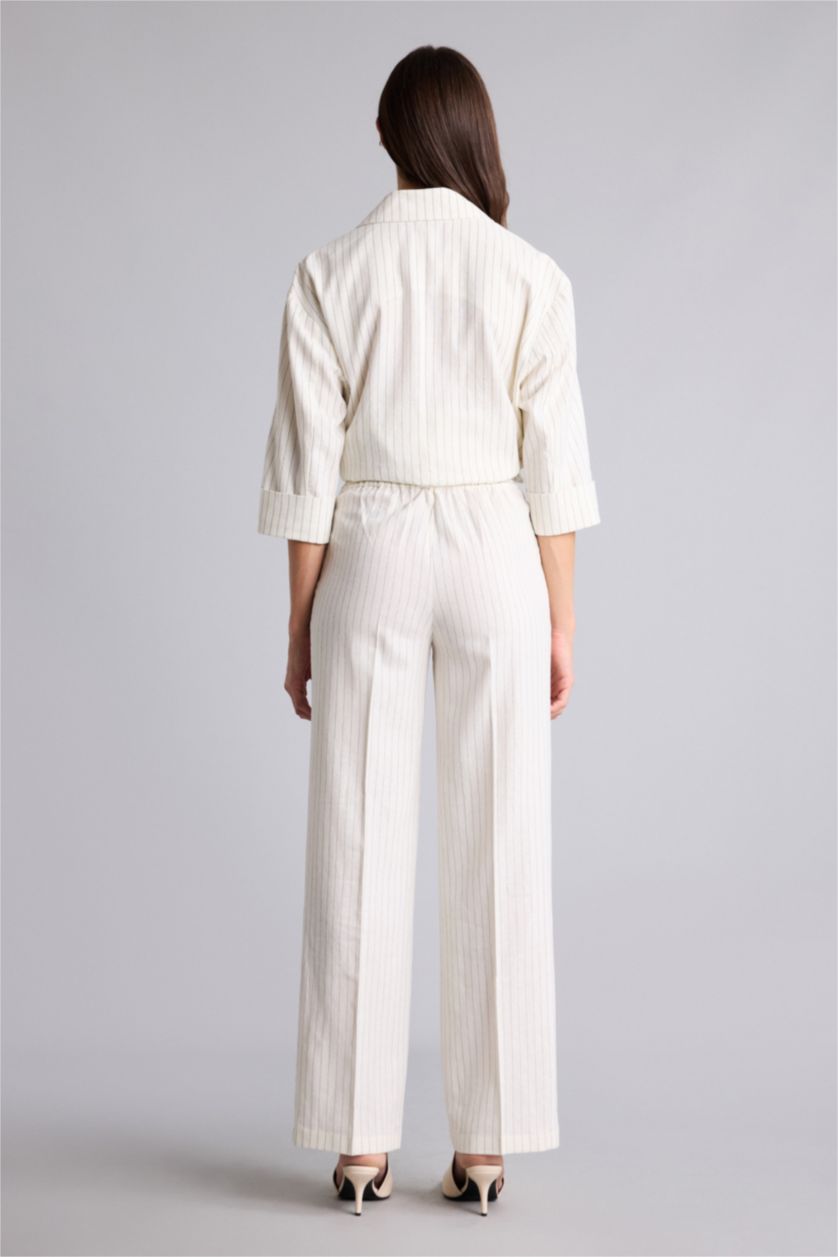 Женщины Бежевый Брюки Wide Leg из смесового льна на молнии с нормальной посадкой и прямыми штанинами