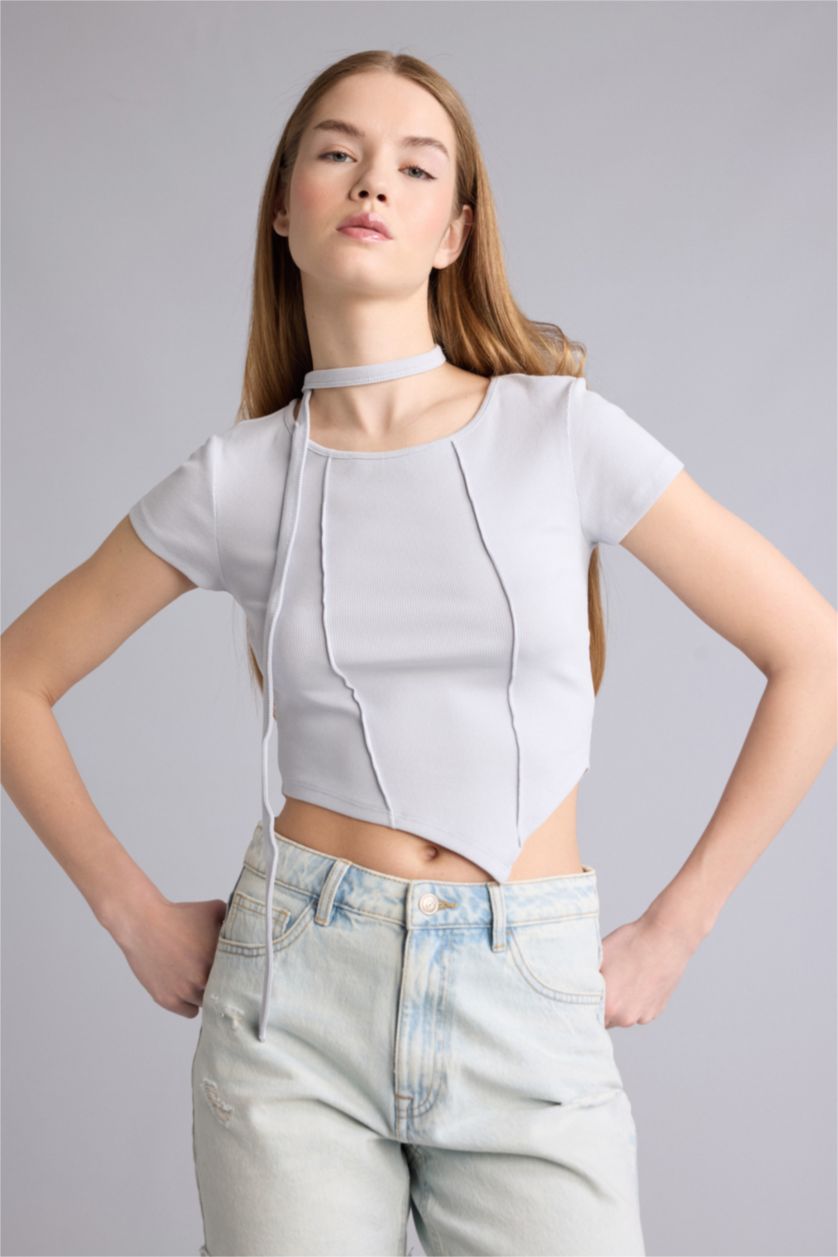 Женщины Светло-синий Asymmetric Camisole Short Sleeve T-Shirt