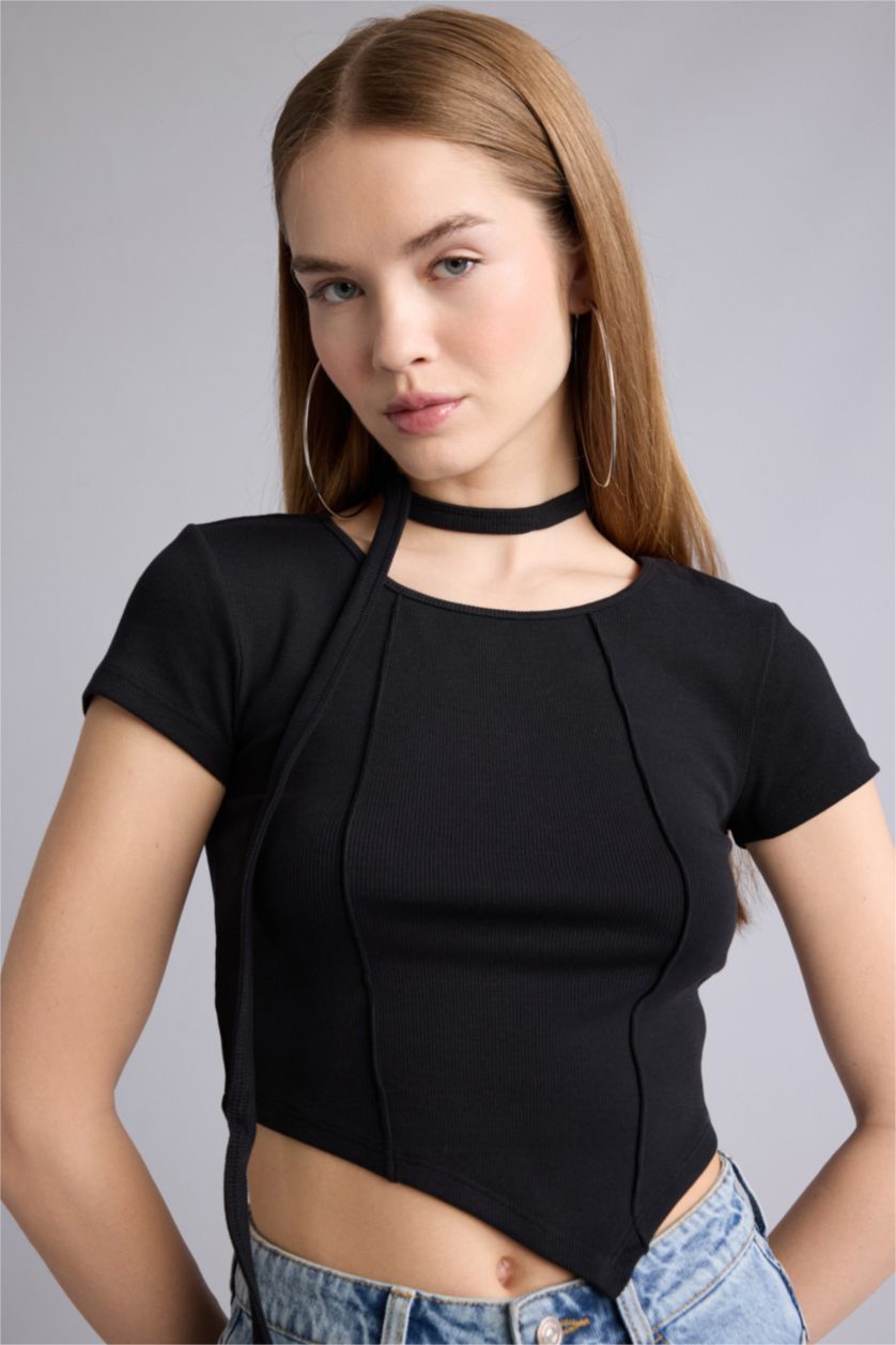 Женщины Черный Asymmetric Camisole Short Sleeve T-Shirt