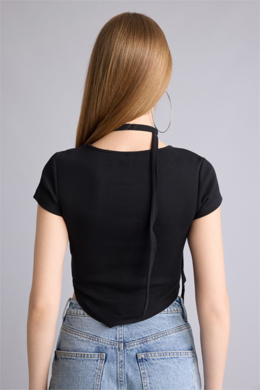Женщины Черный Asymmetric Camisole Short Sleeve T-Shirt