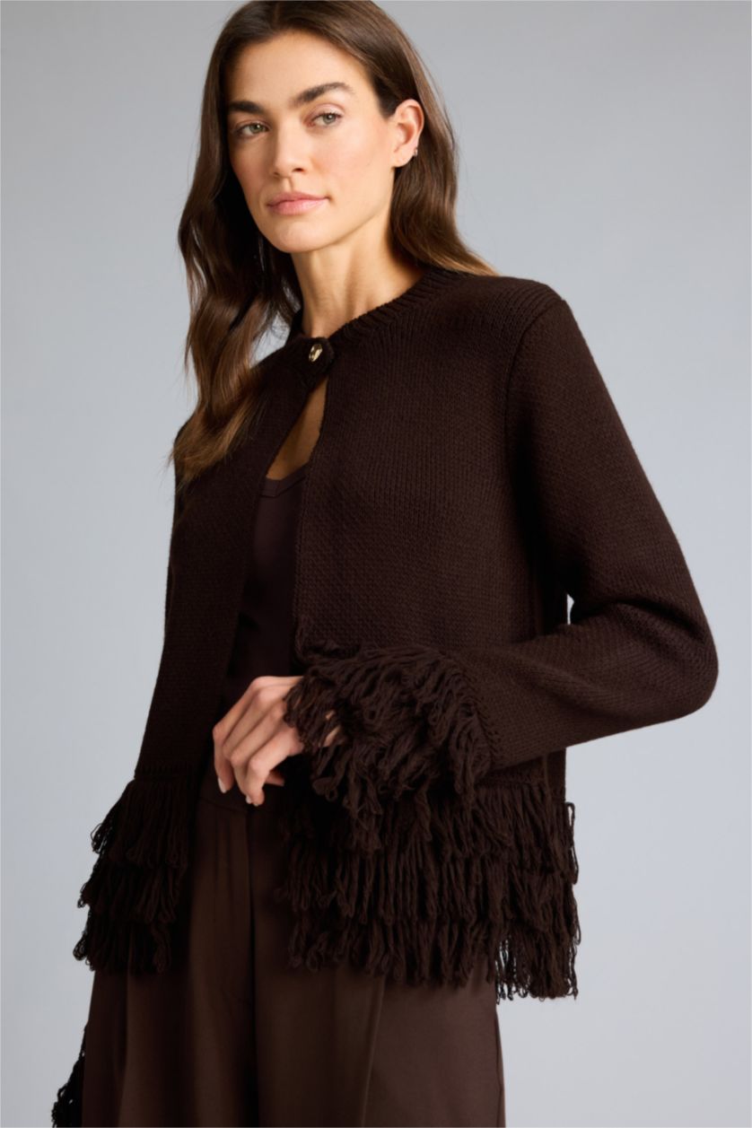 Kadın Kahve Püsküllü Triko Hırka