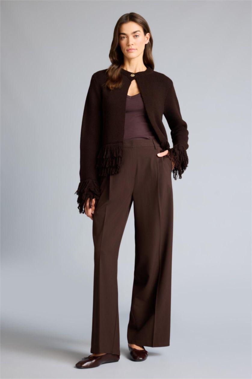 Kadın Kahve Püsküllü Triko Hırka