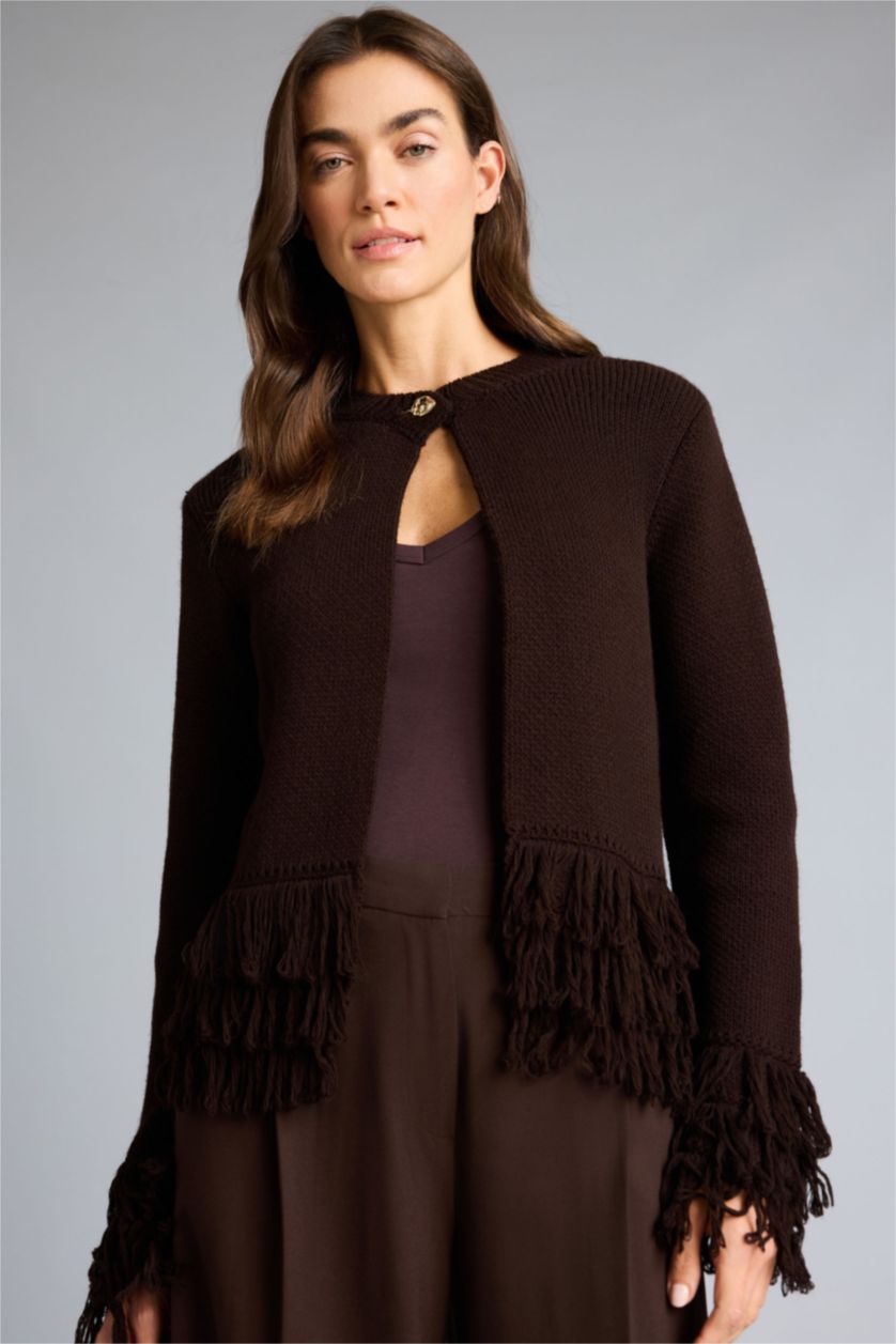 Kadın Kahve Püsküllü Triko Hırka