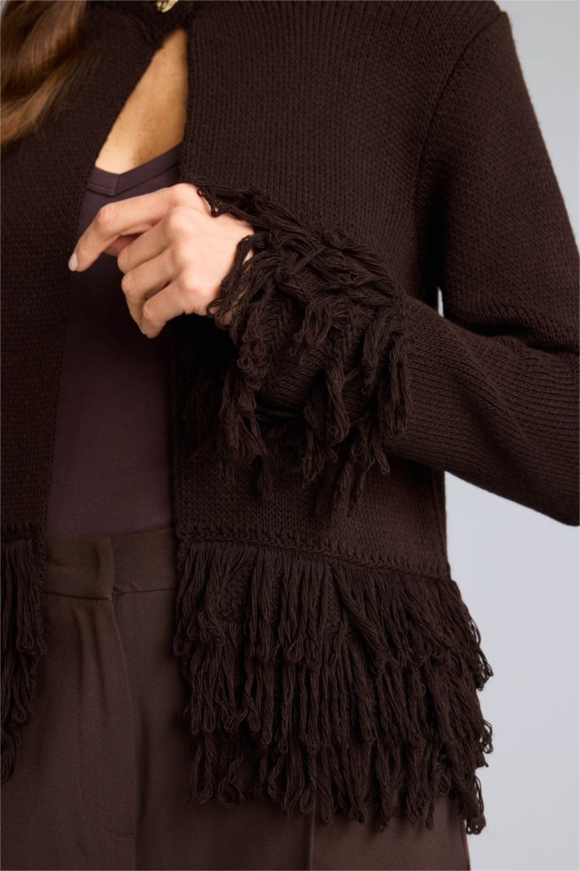 Kadın Kahve Püsküllü Triko Hırka