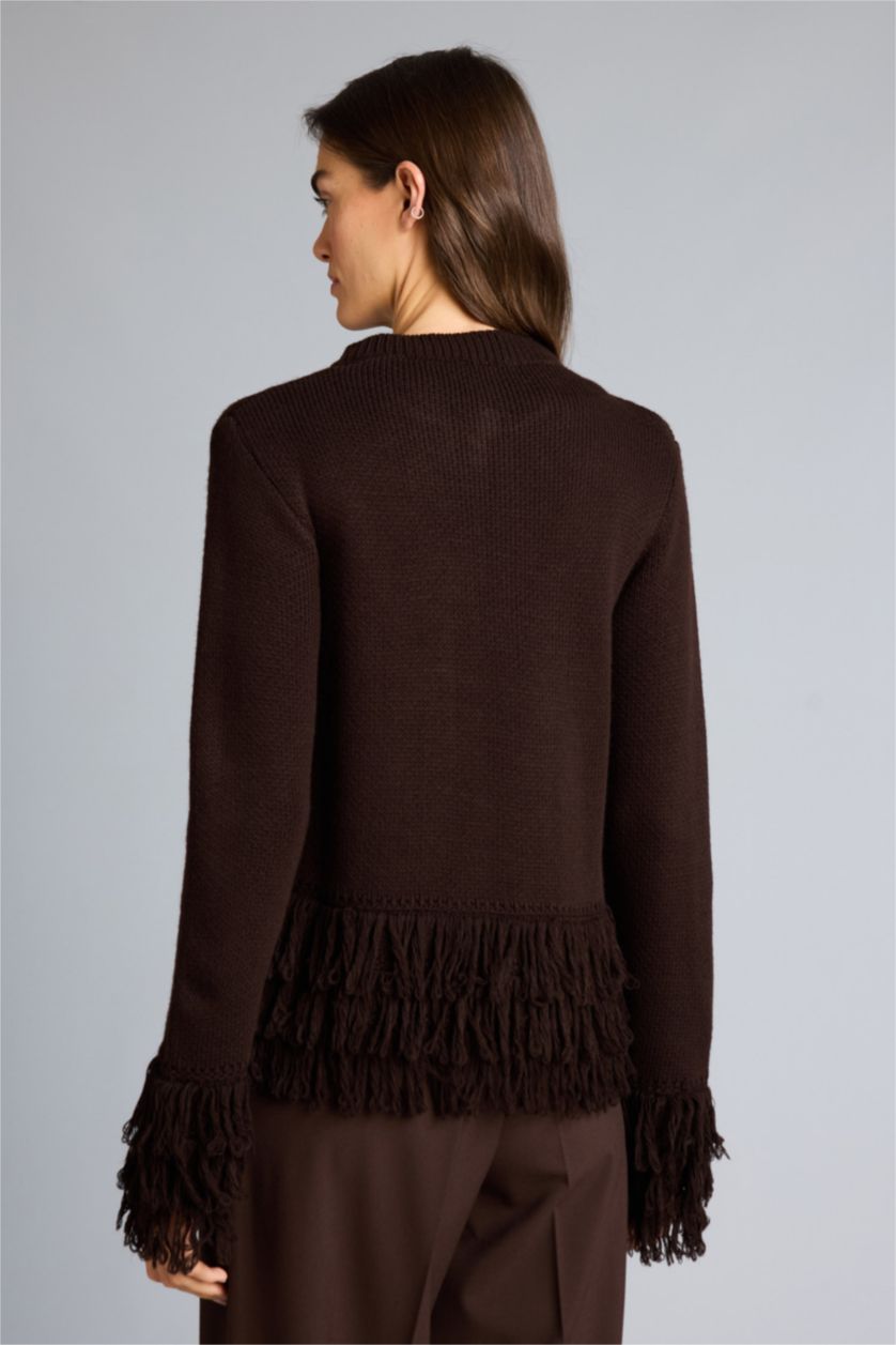 Kadın Kahve Püsküllü Triko Hırka