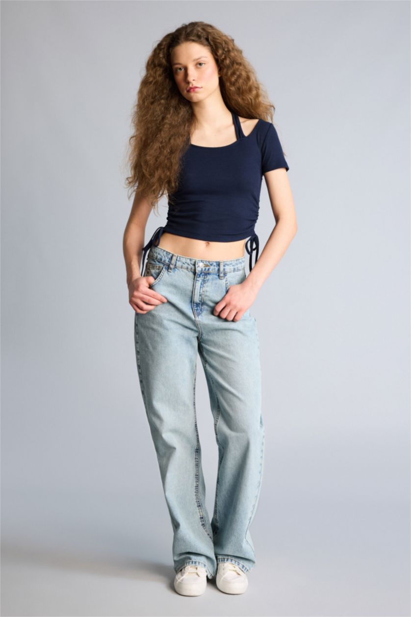 WOMAN NAVY Fitted Halter Neck Short Sleeve T-Shirt