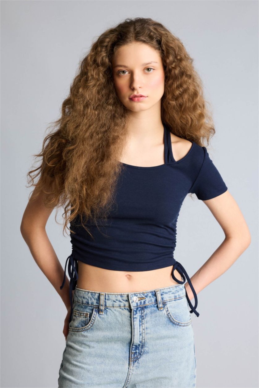 WOMAN NAVY Fitted Halter Neck Short Sleeve T-Shirt