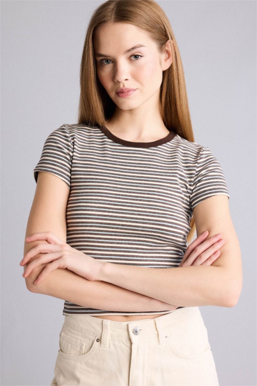 Женщины Бежевый Slim Fit Ribana Short Sleeve T-Shirt