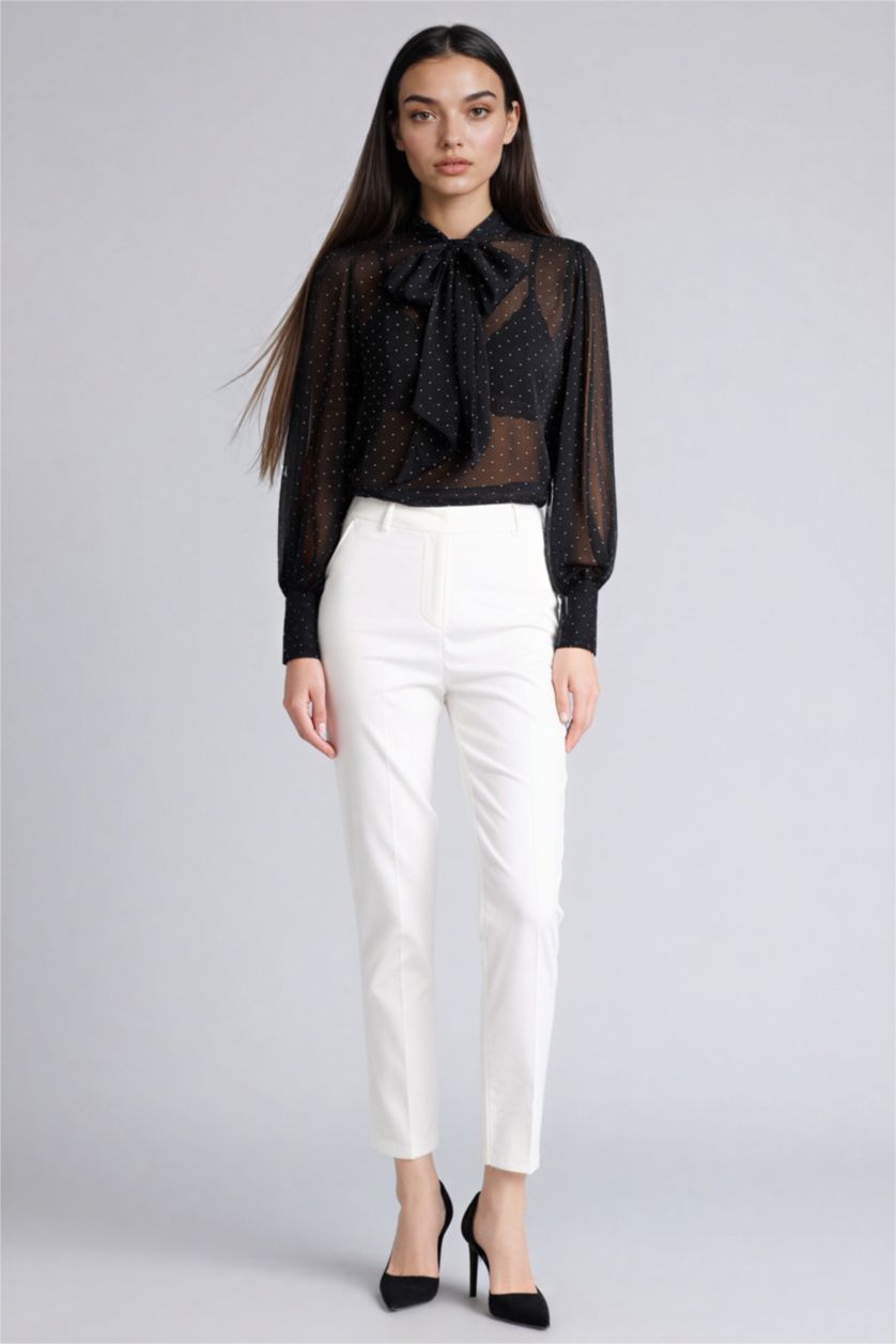 نساء أسود بلوزة قماش لامع ردن طويل بياخة بوشاح