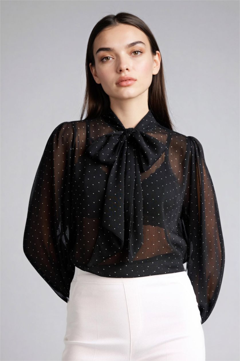 نساء أسود بلوزة قماش لامع ردن طويل بياخة بوشاح