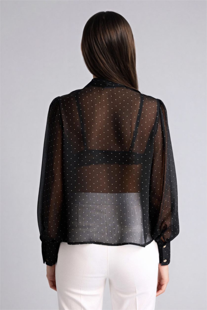 نساء أسود بلوزة قماش لامع ردن طويل بياخة بوشاح