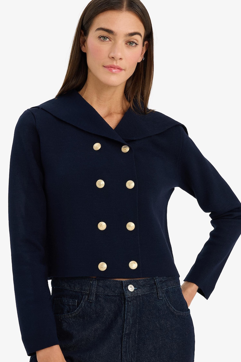 Women NAVY Regular Fit Shawl Collar Knitwear Cardigan