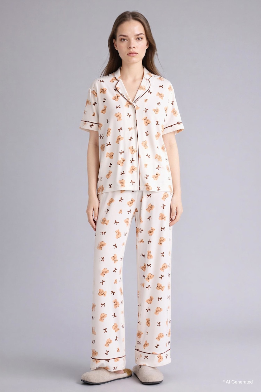 Kadın Ekru Ultra Yumuşak Softshell Ayıcıklı Pijama Takımı