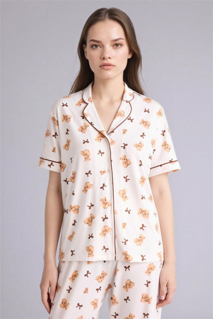 Kadın Ekru Softshell Ayıcıklı Pijama Takımı Üst Alt