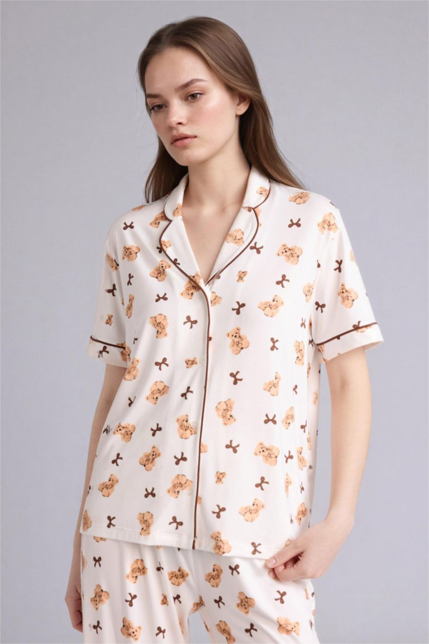 Kadın Ekru Softshell Ayıcıklı Pijama Takımı Üst Alt