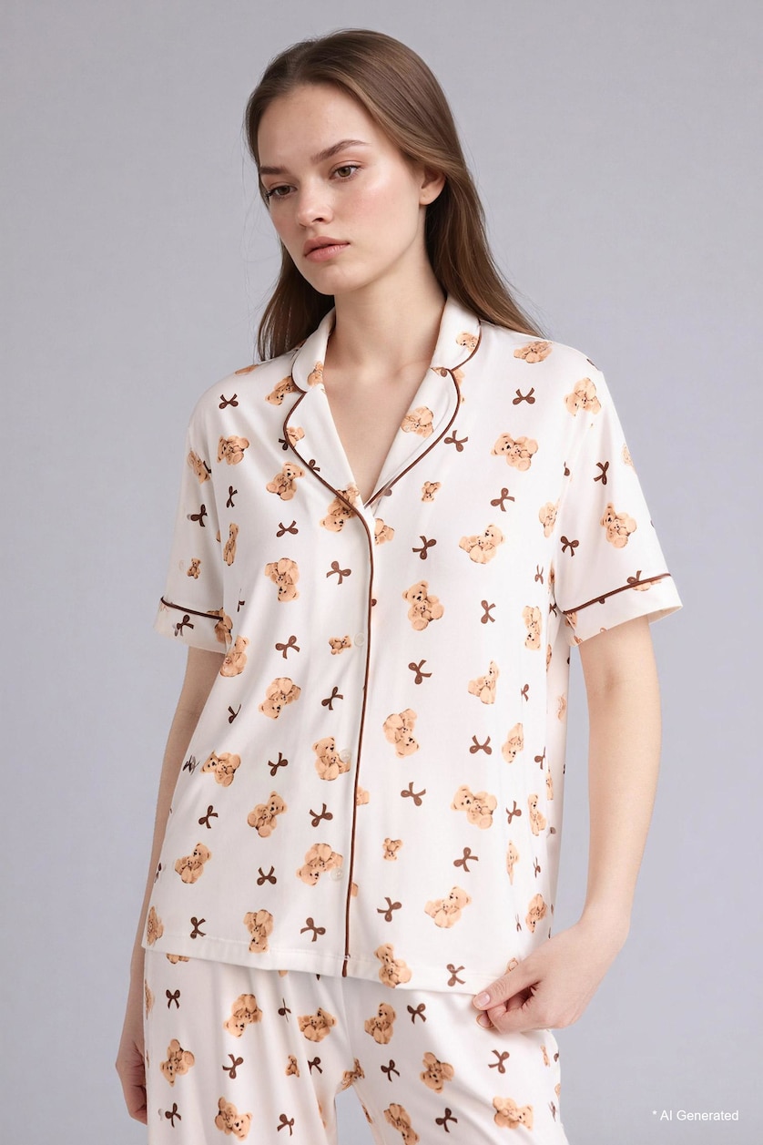 Kadın Ekru Ultra Yumuşak Softshell Ayıcıklı Pijama Takımı