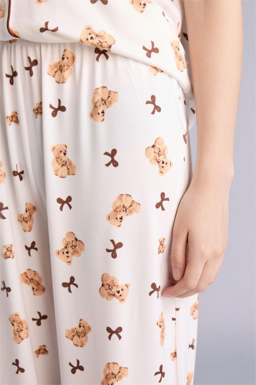 Kadın Ekru Softshell Ayıcıklı Pijama Takımı Üst Alt