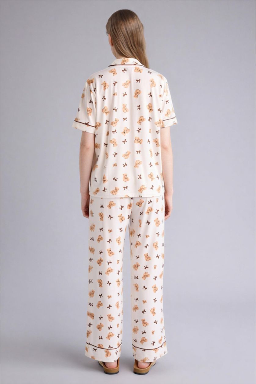 Kadın Ekru Softshell Ayıcıklı Pijama Takımı Üst Alt