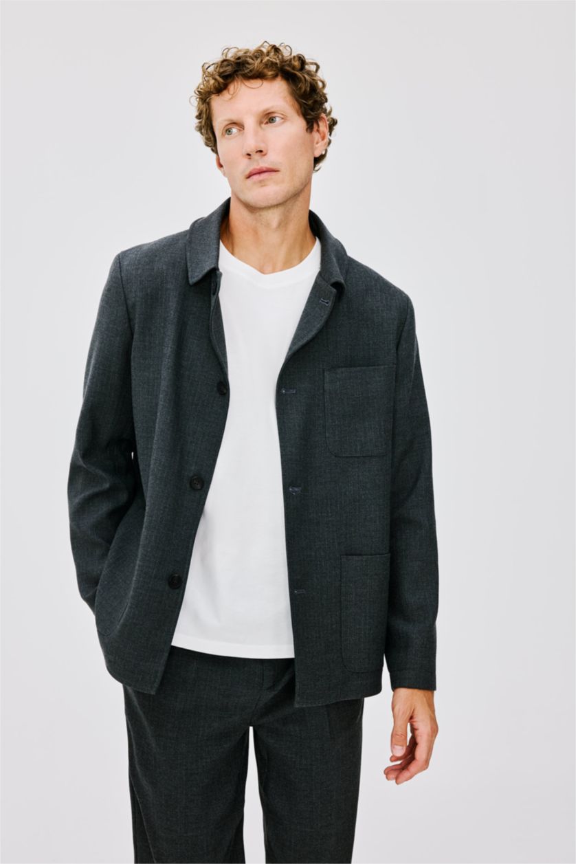 Men Anthracite Regular Fit Polo Collar Cotton Lined Blazer